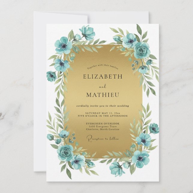 Teal Gold Poppy Wedding Invitation (Front)