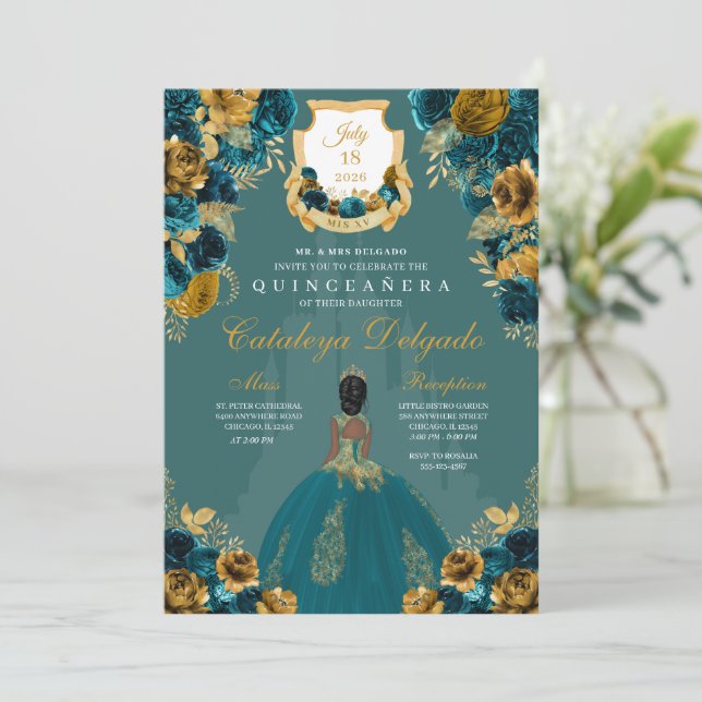 Teal & Gold Princess Castle Quinceañera Invitation (Standing Front)
