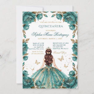 Teal Gold Princess Floral Tiara Quinceañera Invitation