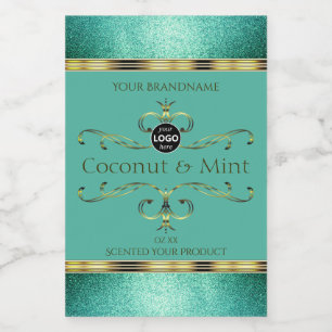Teal Gold Product Labels Glitter Borders with Logo