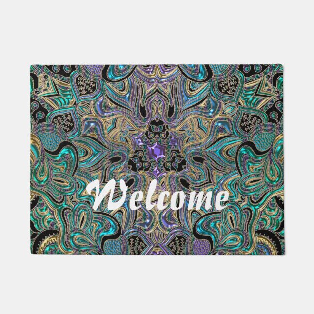 Teal Gold Purple Black Mandala Doormat (Front)