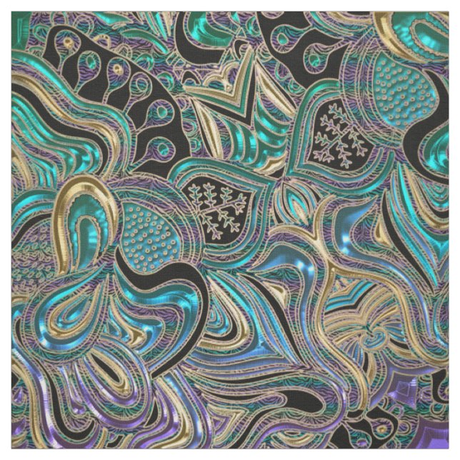 Teal Gold Purple Black Mandala Fabric (Swatch)