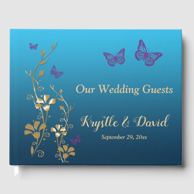 Teal, Gold, Purple Floral, Butterflies Guestbook (Front)