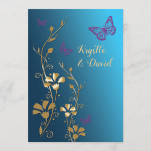 Teal, Gold, Purple Flowers and Butterflies Invite