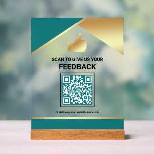 Teal Gold QR Code Customer Feedback Review Acrylic Sign