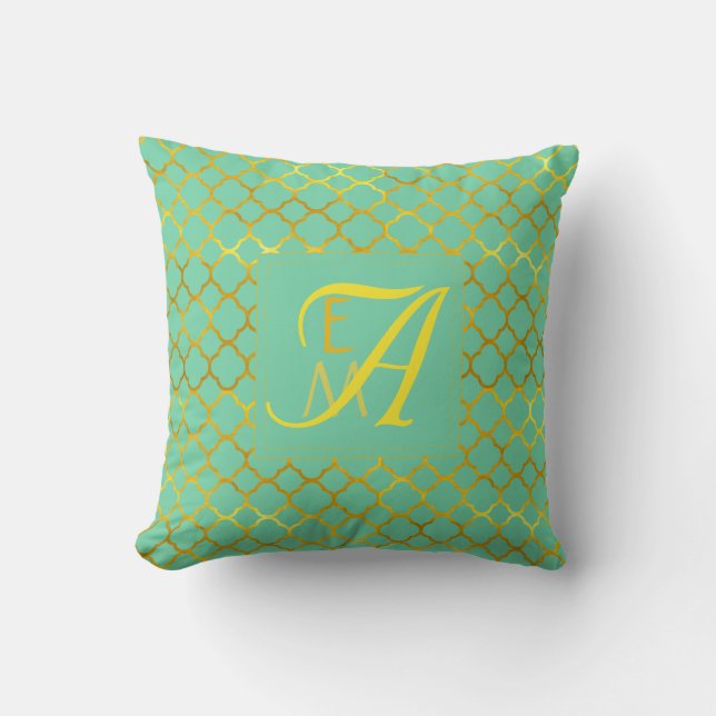 Teal Gold Quatrefoil MONOGRAM Newlyweds Wedding Cushion (Front)