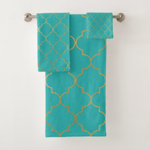 Teal & Gold Quatrefoil Pattern Bath Towel Set