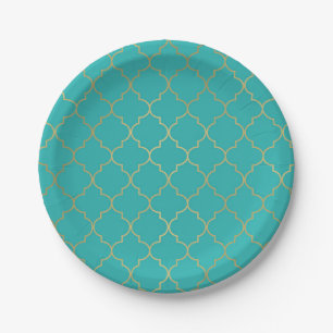 Teal & Gold Quatrefoil Pattern Party Paper Plate