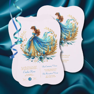 Teal Gold Quinceanera Dress Ceremony Reception     Invitation