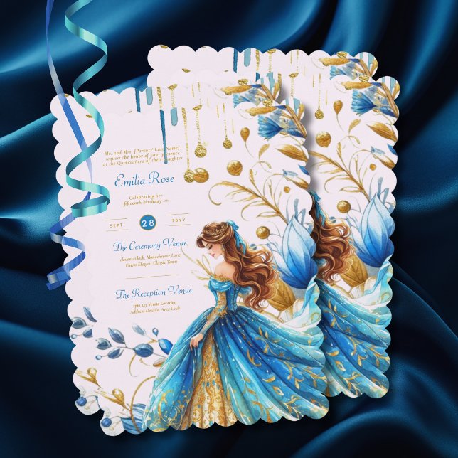 Teal Gold Quinceanera Dress Ceremony Reception     Invitation (Creator Uploaded)