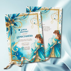Teal Gold Quinceañera Dress Invitation