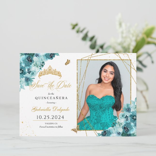 Teal & Gold Quinceañera Save The Date Photo Invitation (Standing Front)