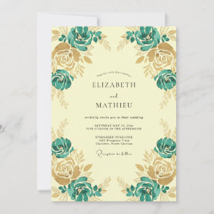 Teal Gold Ranunculus Eucalyptus Wedding Invitation