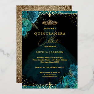 Teal Gold Rose Elegant Quinceanera