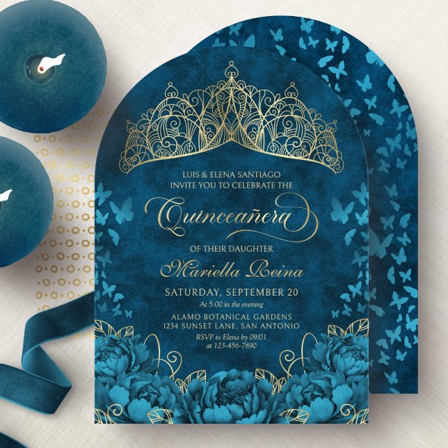 Teal Gold Royal Crown Floral Quinceanera Invitatio Invitation (Creator Uploaded)
