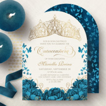 Teal Gold Royal Crown Floral Quinceanera