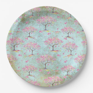 Teal Gold Shiny Cherry Blossom Spring Pattern Paper Plate