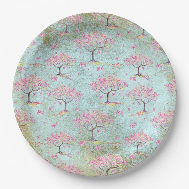 Teal Gold Shiny Cherry Blossom Spring Pattern Paper Plate (Front)
