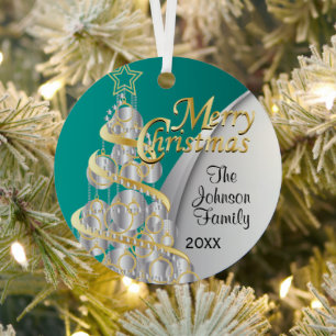 Teal, Gold & Silver Christmas   Photo Metal Tree Decoration