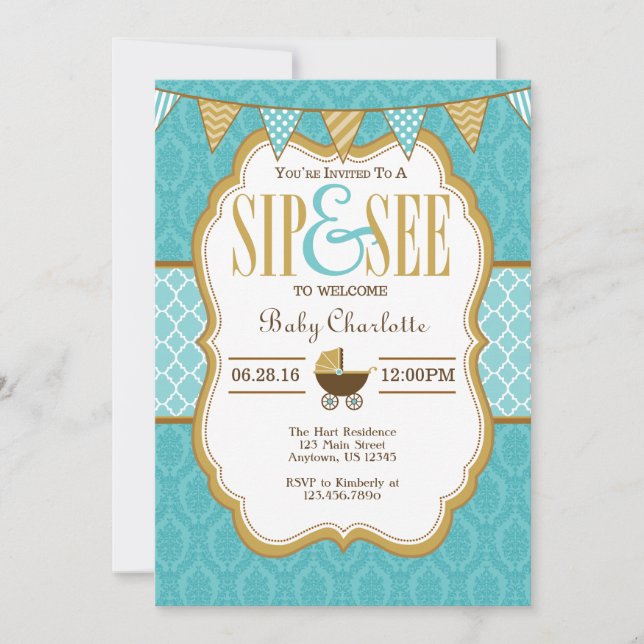 Teal Gold Sip And See Invitation (Front)