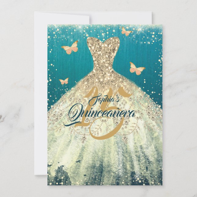 Teal Gold Sparkle Butterfly Dress Quinceanera  Invitation (Back)