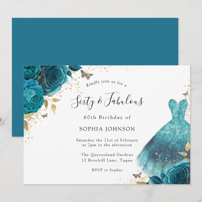 Teal & Gold Sparkle Dress Rose 60th Birthday Party Invitation (Front/Back)