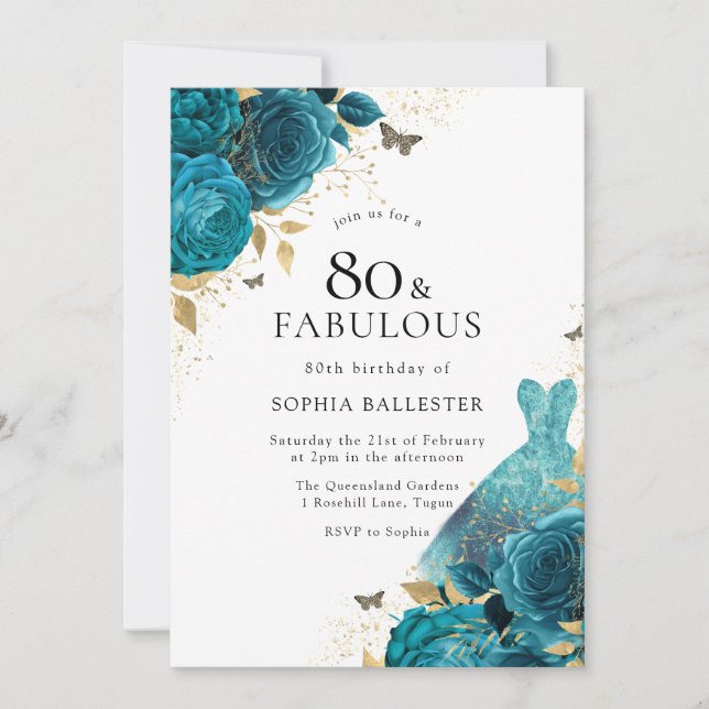 Teal Gold Sparkle Dress Roses 80th Birthday Party Invitation (Front)