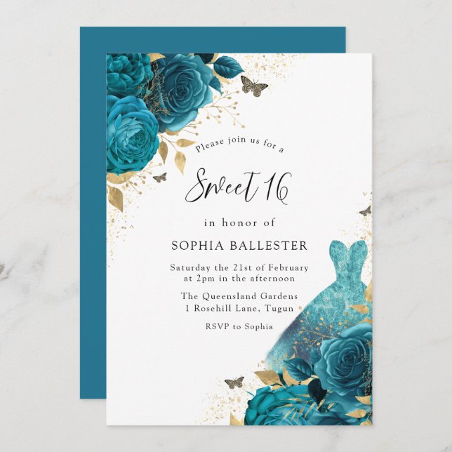 Teal & Gold Sparkle Dress Roses Sweet 16 Party Invitation (Front/Back)