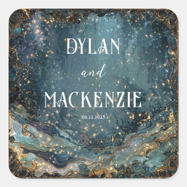 Teal Gold Starry Night Watercolor Wedding Square Sticker (Front)