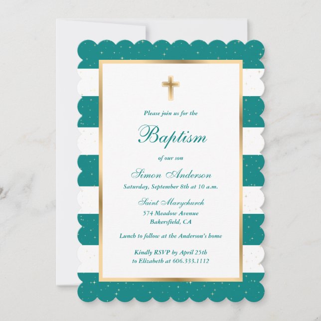 Teal Gold Stars Striped Baptism Invitation (Front)