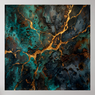 Teal Gold Stone Abstract Poster