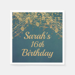Teal Gold String Lights Bokeh 16th Birthday Napkin