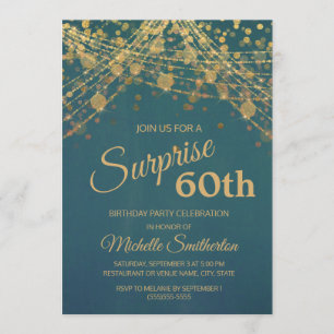 Teal Gold String Lights Bokeh 60th Birthday Invitation
