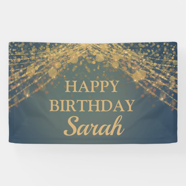 Teal Gold String Lights Bokeh Happy Birthday Name Banner (Horizontal)