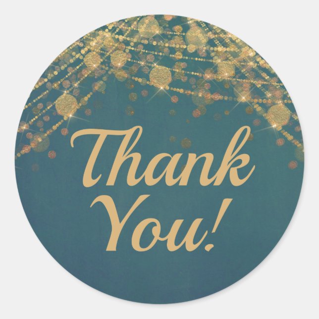 Teal Gold String Lights Bokeh Thank You Classic Round Sticker (Front)