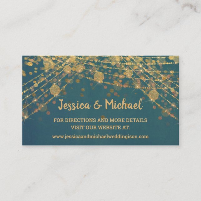Teal Gold String Lights Bokeh Wedding Website Business Card (Front)
