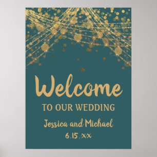Teal Gold String Lights Bokeh Wedding Welcome Poster