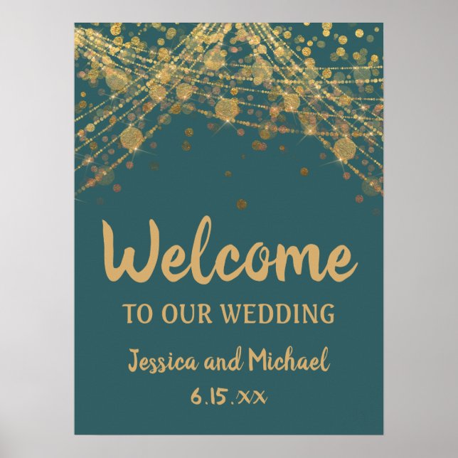 Teal Gold String Lights Bokeh Wedding Welcome Poster (Front)
