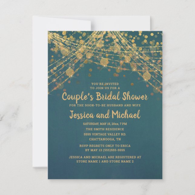 Teal Gold String Lights Couple's Bridal Shower Invitation (Front)