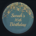 Teal Gold String Lights Girl's 16th Birthday Paper Plate<br><div class="desc">Beautiful and elegant 16th birthday party paper plates for girls in a deep, bold teal with glittering gold string lights and sparkling bokeh. These paper plates match our Teal with Gold String Lights birthday party collection. Text, fonts, and wording are completely customisable, so these plates can be personalised for any...</div>