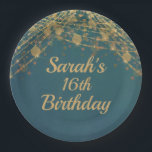 Teal Gold String Lights Girl's 16th Birthday Paper Plate<br><div class="desc">Beautiful and elegant 16th birthday party paper plates for girls in a deep, bold teal with glittering gold string lights and sparkling bokeh. These paper plates match our Teal with Gold String Lights birthday party collection. Text, fonts, and wording are completely customisable, so these plates can be personalised for any...</div>
