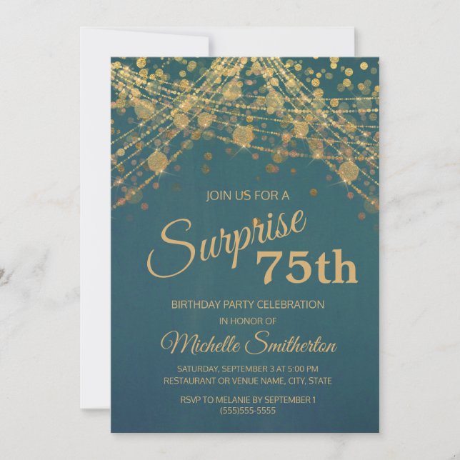 Teal Gold String Lights Surprise 75th Birthday Invitation (Front)