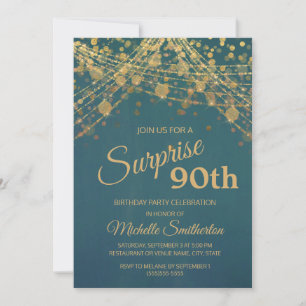 Teal Gold String Lights Surprise 90th Birthday Invitation
