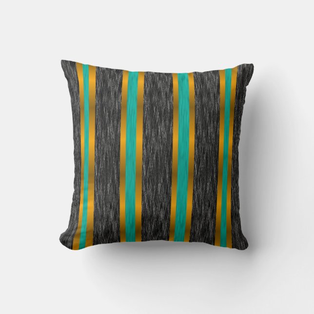 Teal Gold Stripes on Black Texture Pillow (Front)