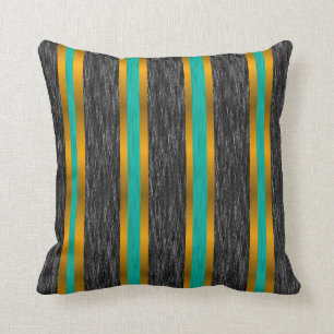 Teal Gold Stripes on Black Texture Pillow