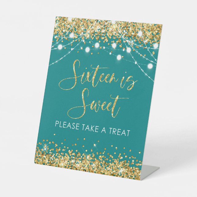 Teal Gold Sweet Sixteen Party Favour Sign Decor (Front)