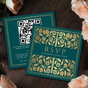 Teal Gold Sword Royal Wedding RSVP QR Code Enclosure Card