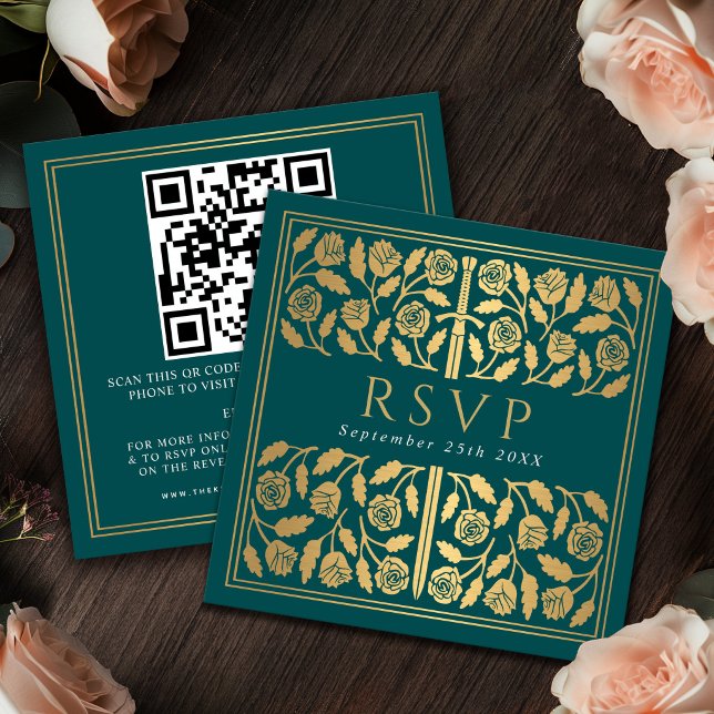 Teal Gold Sword Royal Wedding RSVP QR Code  Enclosure Card (Creator Uploaded)