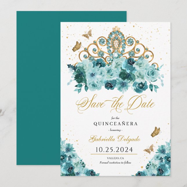 Teal & Gold Tiara Save The Date Quinceañera Invitation (Front/Back)