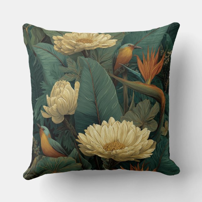  Teal Gold Toucan Tropical Botanical Throw Pillow  (Back)